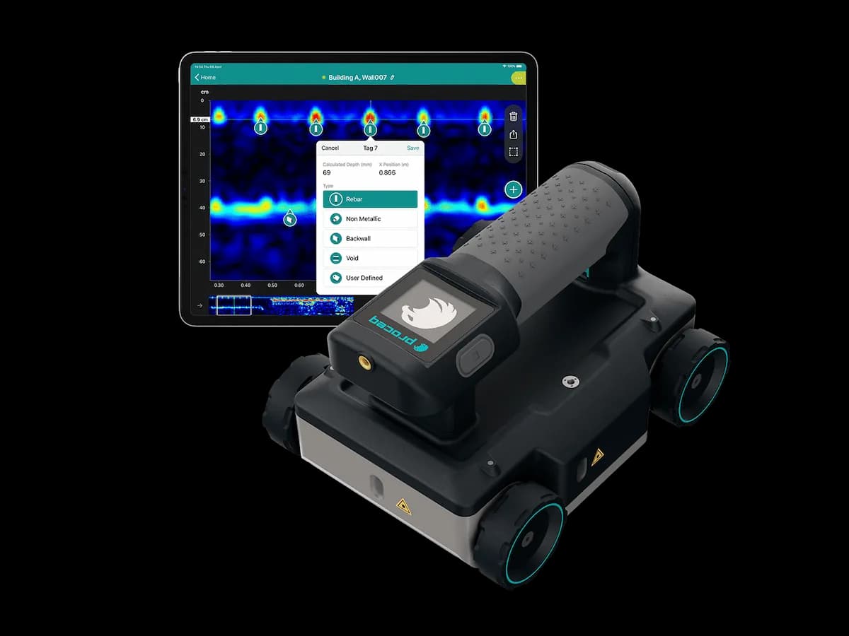 Proceq GP8000 concrete scanner with its tablet showing a scan