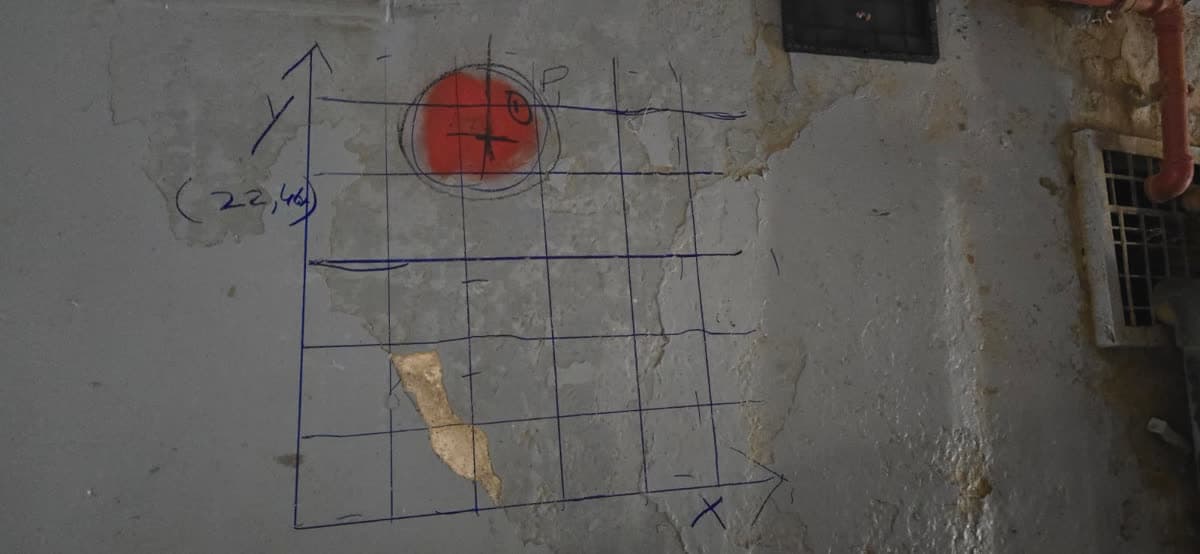 A concrete wall with a scan grid drawn in blue marker and one position sprayed red and circled