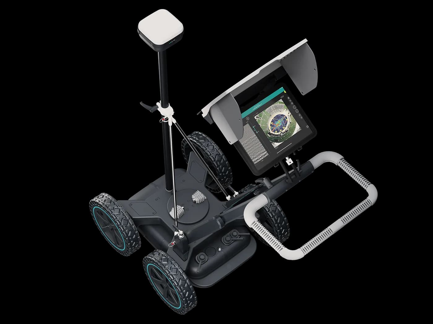Proceq GS8000 ground penetrating radar cart with its tablet display and GNSS antenna