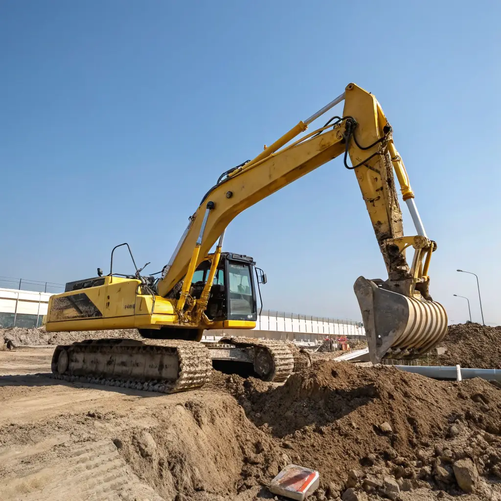 Modern excavator performing professional earthwork and site preparation for construction project in Dubai, UAE